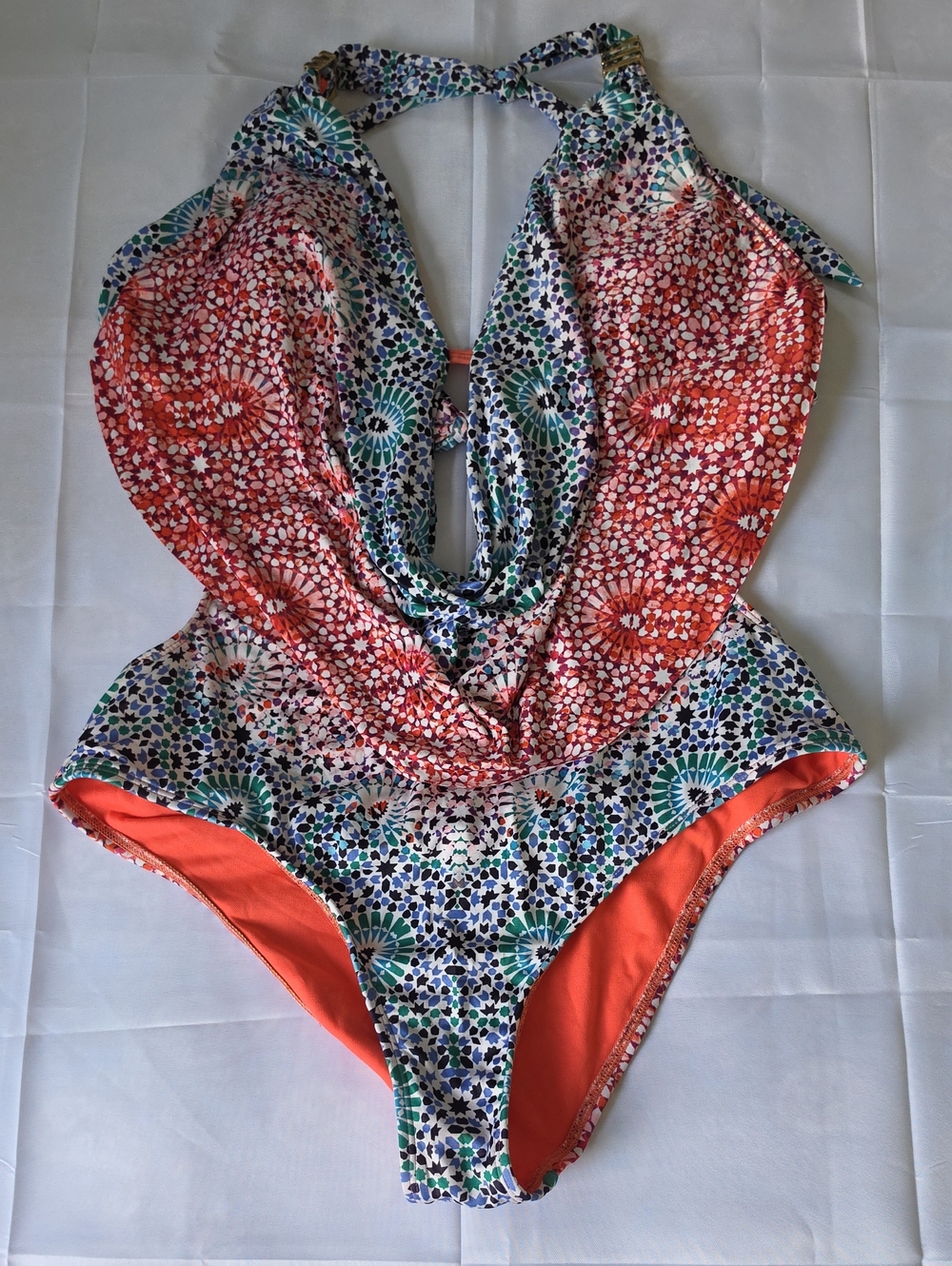 Bar III Women Coral & Teal Floral Halter One-Piece Swimwear